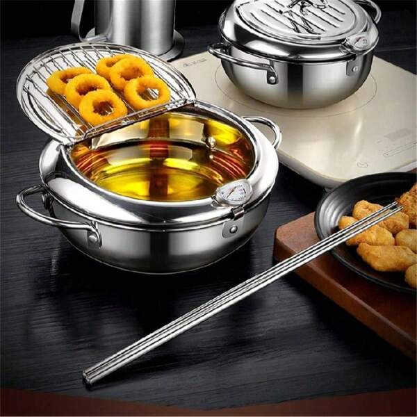 1pc Stainless Steel Thermometer Fryer Pot, Japanese Style Tempura Fryer Pot Suitable For Frying French Fries, Chicken Wings, Shrimp, Kitchen Accessory | Oil-Saving Fryer | Safe Kitchen Product