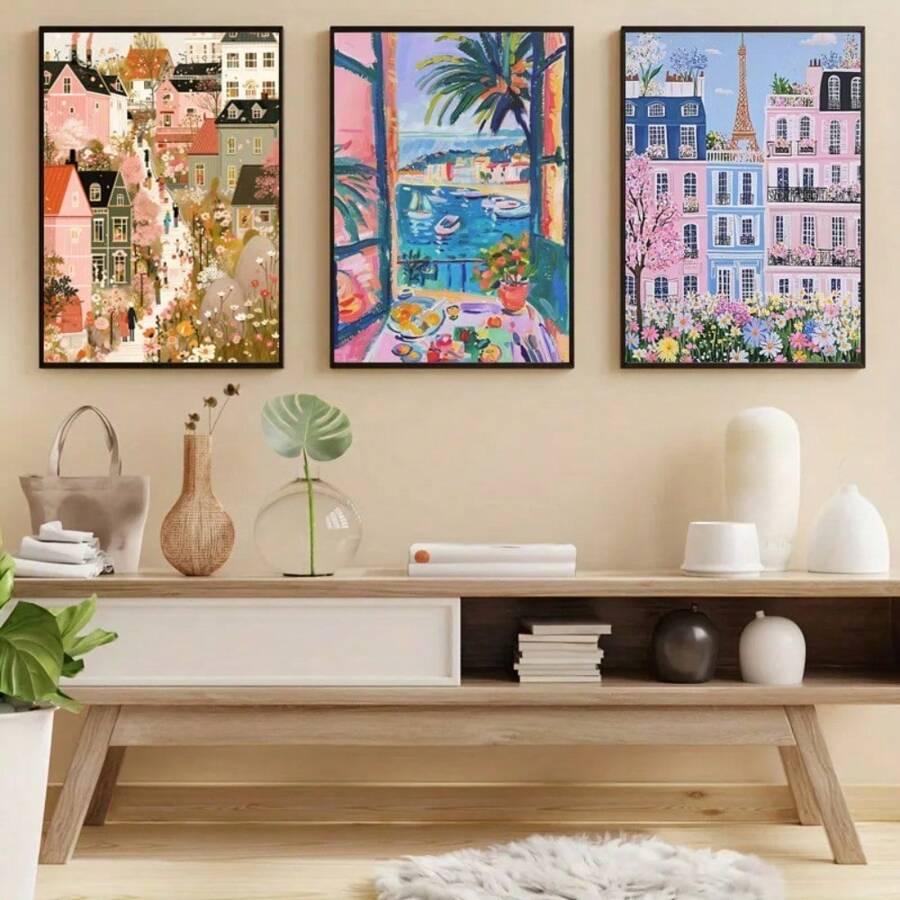 1pc Vibrant Cityscape Canvas Art Modern Minimalism Style Poster Living Room Bedroom Wall Gifts Decor Optional Frame ﻿