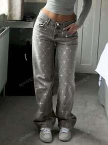 MYOURSA Sparkly Rhinestone Y2k Vintage Loose Fit Wide Leg Jeans Light Grey