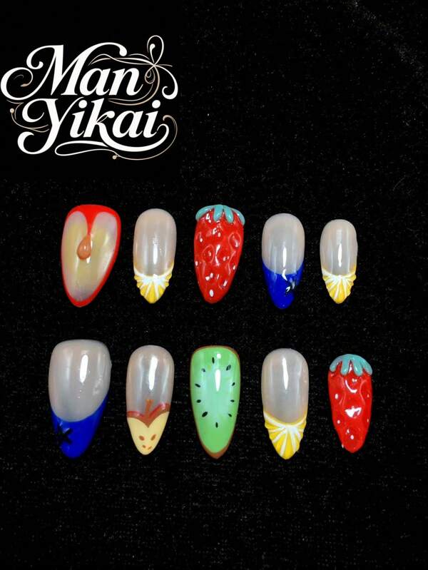 10 - Piece,2.5 Cm Pure Handmade Almond Shaped Press On Nails. The Theme Is Fruits, Presenting Images Like Strawberries, Kiwis, And Apple Slices Through Painting And 3D Modeling. With Bright And Rich Colors, They Have A Lively And Fun Style, Full Of A Summer And Childlike Atmosphere. Suitable For Wearing In Casual Gatherings, Outdoor Activities, Etc., They Show Individuality And Vitality.