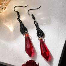 1 Par de Brincos Pendentes Geométricos Estilo Gótico Vermelho Preto Morcego e Prata Palma, Moda e Adequado para Festa de Halloween ou Qualquer Ocasião, Presente para Ela
