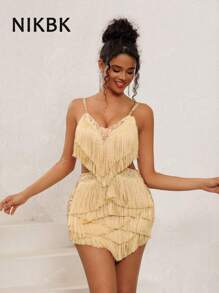 NIKBK Vestidos cortos de cóctel para mujer con tirantes de espagueti, escote en V, sexy, con strass y flecos, corpiño discreto