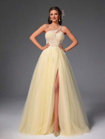 VIPGIRL 优雅黄色不对称领口薄纱长款舞会礼服，高开叉，亮片点缀，女士舞会礼服，正式晚礼服，婚礼宾客礼服，公主风格奢华礼服，派对礼服