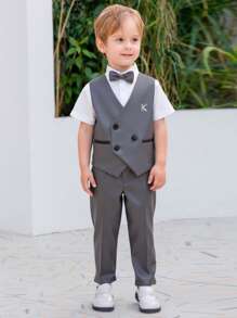 3 Peças Conjunto de Terno Formal para Meninos Jovens: Colete + Calça Longa + Gravata Borboleta Combinando, Roupas para Festa/Casamento/Eventos/Cerimônia, Estilo Cavalheiro, Verão