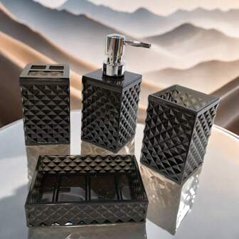 4 件套优雅蓝色几何浴室配件套装 - 包括皂液器、牙刷架、牙刷杯、乳液瓶和彩色盒子 - 完美的乔迁礼物，浴室装饰套装 | 现代浴室装饰 | 光面饰面礼品盒浴室收纳盒返校