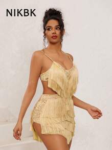 NIKBK Vestidos cortos de cóctel para mujer con tirantes de espagueti, escote en V, sexy, con strass y flecos, corpiño discreto