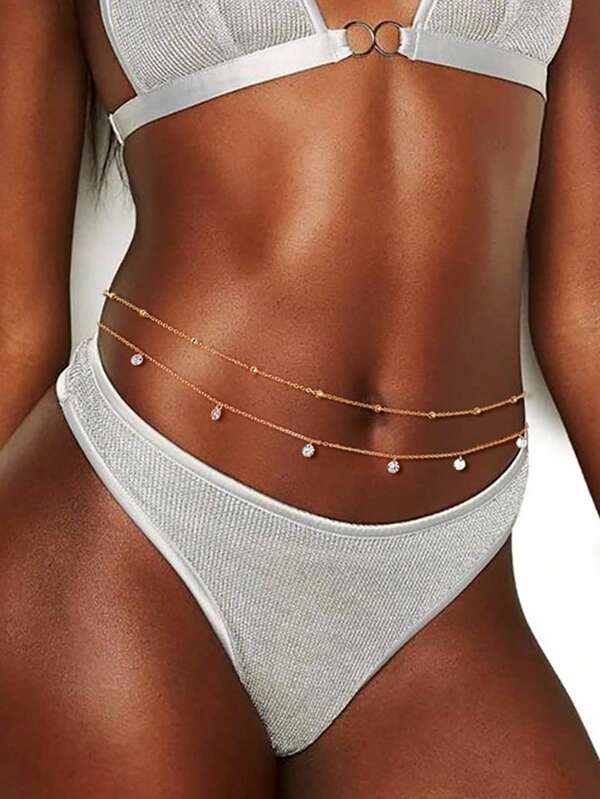 Catena per la vita multistrato, sexy, con perline argento e oro, catena da pancia con cristalli, accessorio regolabile per bikini, catena addominale, gioiello per corpo, accessorio per spiaggia, vacanze estive, feste per donne e ragazze