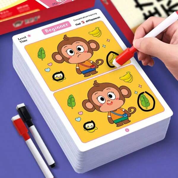 1Set Educational Spot The Difference Game: Reusable Wipe-Clean Paper Sheets For Focus And Attention Training, Suitable For Science Education, Tests, And Assessments(Random Style)