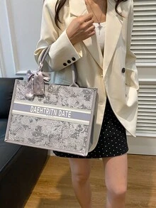 1 pieza Bolso tipo tote de moda para mujer, de gran capacidad, de forma cuadrada, ligero, con decoración de pañuelo exquisita, material resistente a los arañazos y al desgaste, adecuado para compras, citas, fiestas, commuting, con estampado de letras, elegante bolso casual minimalista gris y rosa para damas - Gris - Ver 2