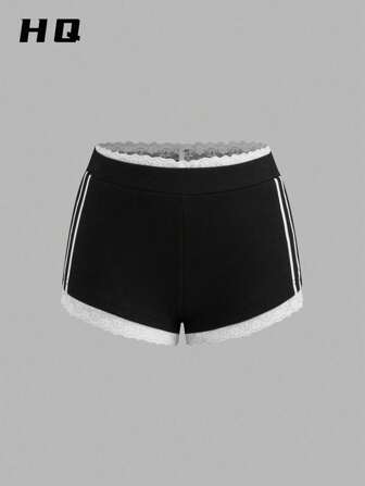 HQ 女士夏季短裤，黑色短裤，搭配精致白色蕾丝 - 女士夏季短裤，时尚舒适，面料凉爽