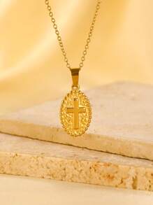 1 pièce Collier mode rétro en acier inoxydable croix, pendentif ovale creux avec chaîne en arête de poisson, convient pour un port quotidien, pour les fêtes et les festivals