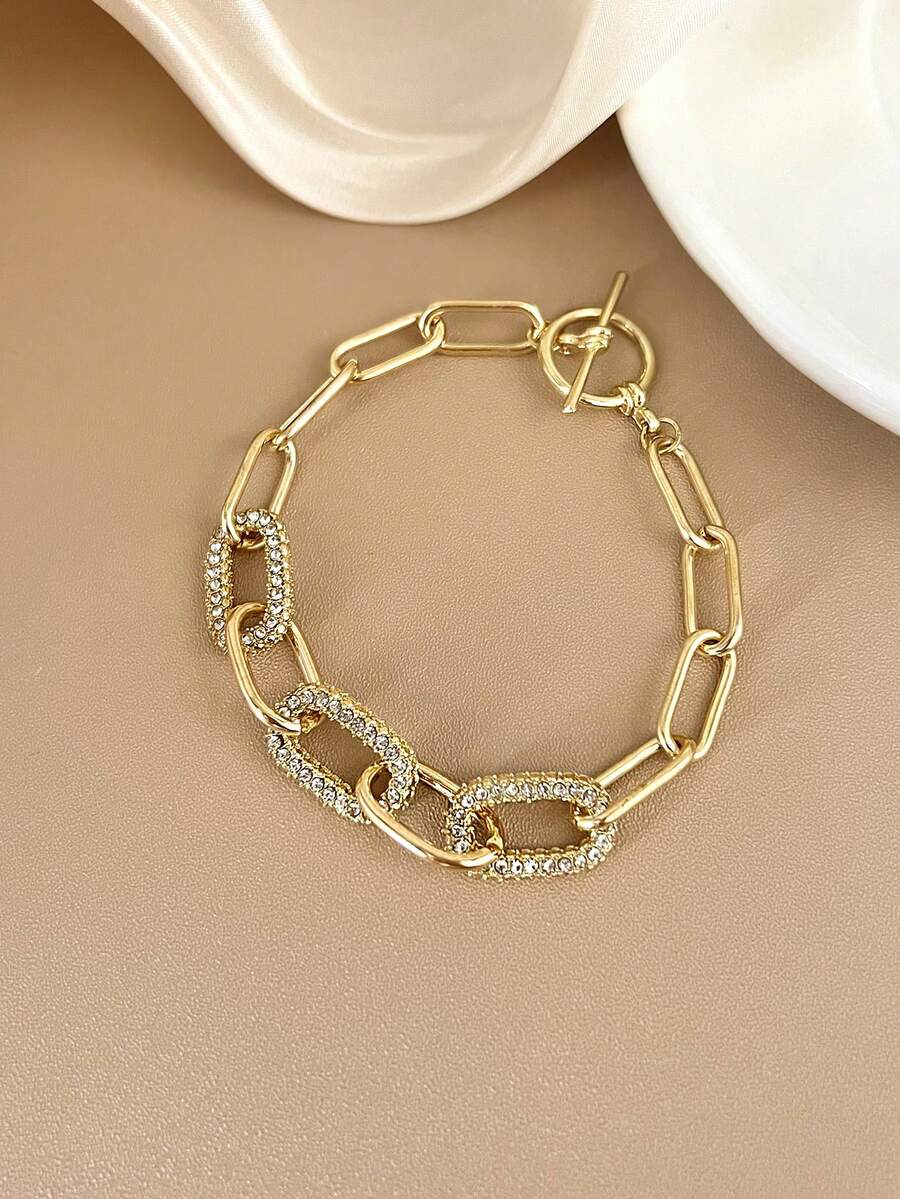 1pc Minimalist Elegant Gold Rhinestone Oval Chain Bracelet Jewelry Accessory, Suitable For Women Daily Wear And Festivals - Gold - View 1