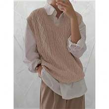 Local Delivery-Viscose & Polyester Blend For Spring, Summer & Fall - Casual Solid Color Lightweight Knitwear, Knit Sweater,Women's Oversized Cable Knit V-Neck Sweater Vest - Sleeveless Loose Pullover Top In Soft Nylon, - Khaki - View 1