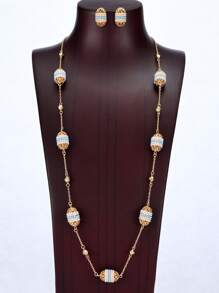 Set de 3 piezas de joyas: Pendientes con perlas en forma de huevo al estilo bohemio y medio oriental para el Ramadán, y un collar largo, como accesorios para vestidos formales de mujer