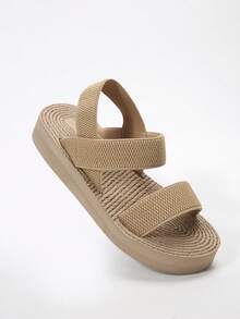 Women Comfortable Platform Wedge Heel Non-Slip Soft Bottom Round Toe Solid Color Sandals - Apricot - View 10