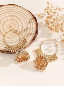 1 Đôi Hoa tai vòng sang trọng, Hoa tai Jhumka đính đá thời trang thanh lịch có chuông và tua rua, Trang sức truyền thống phù hợp cho trang phục hàng ngày của phụ nữ, Lễ hội, Đám cưới và Tiệc tùng/Quà tặng trang sức - Cổ điển - Xem 8
