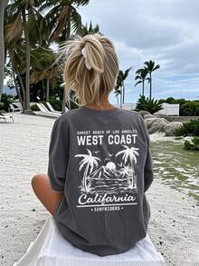 Women's New Summer Casual Round Neck Short Sleeve T-Shirt, Minimalist Versatile Palm Tree Slogan Print, Suitable For Daily Wear. Graphic Tee, Women's White Top, Black Top, Pink Top, Vacation Outfit.