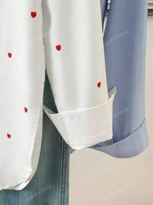 Women's Allover Heart Print Polo Collar Shirt - Oversized Button-Up Front Long Sleeve Top For Casual To Dressy Essentials, Spring Summer Fall All-Season Capsule Wardrobe