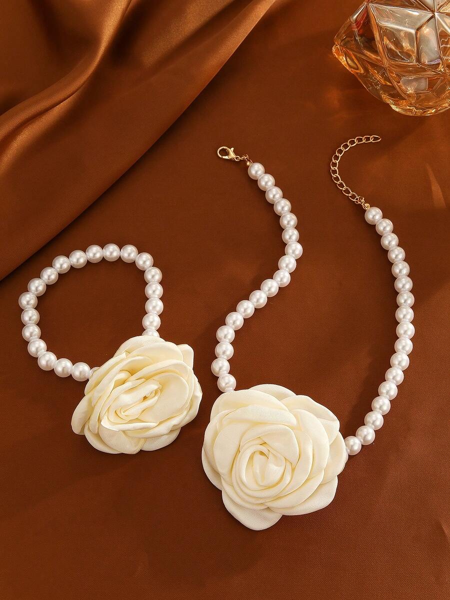 2pcs/Set Girls Pearl Beaded Flower Necklace & Bracelet Set