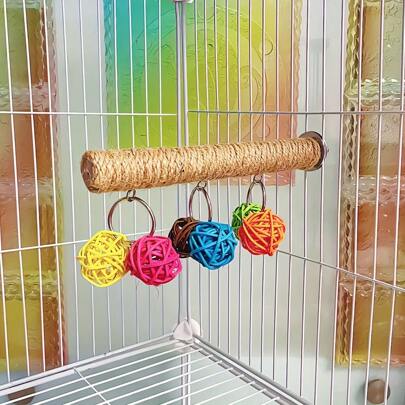 Parrot Perch Toy Set With Rope, Bird Chewing And Climbing Accessory, Colorful Rattan Balls, Bird Cage Entertainment Accessory For Claw And Beak Conditioning