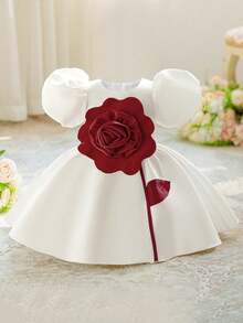 Baby Girls' Puff Sleeve Colorblock Satin Floral Party Dress, Suitable For Flower Girl, Wedding, Birthday, Without Headband - 彩色 - 查看 1