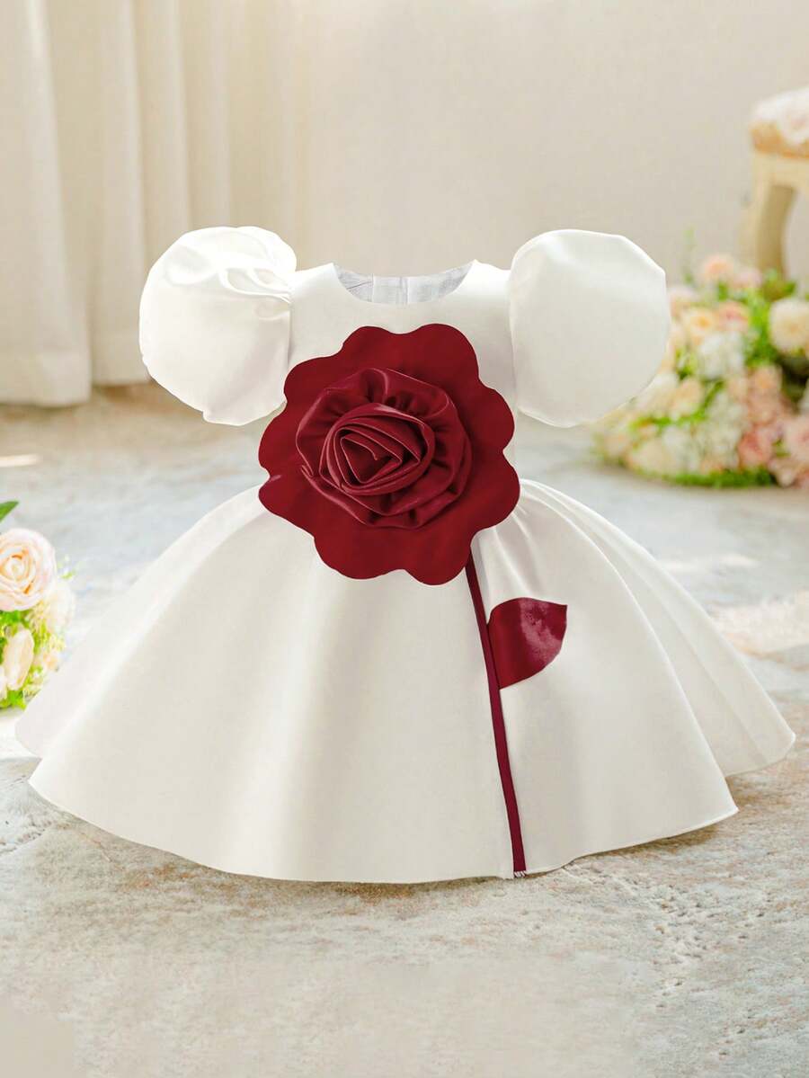 Baby Girls' Puff Sleeve Colorblock Satin Floral Party Dress, Suitable For Flower Girl, Wedding, Birthday, Without Headband - 彩色 - 查看 1