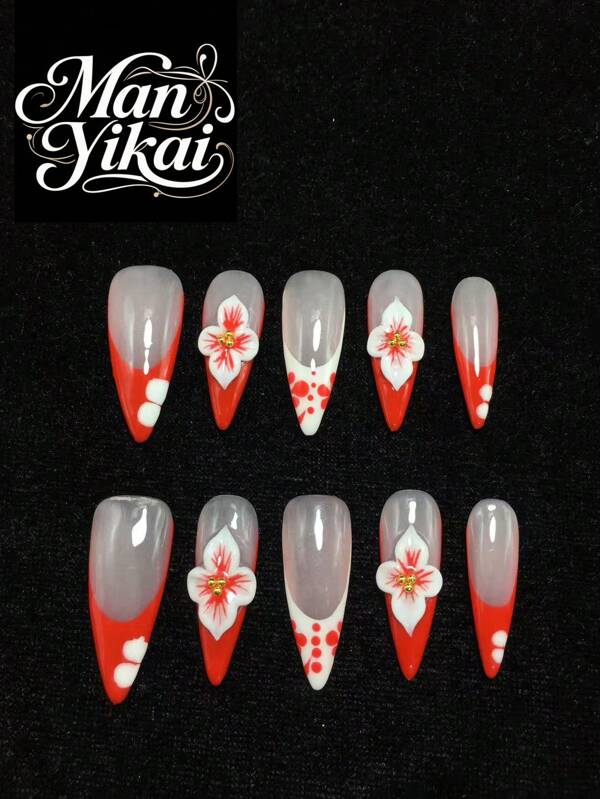 10 - Piece, 3.3 -Cm,Pure Handmade Stiletto Press On Nails. In Red And White French Style, With 3D Three -Dimensional Carvings And Steel Beads. They Are Simple, Elegant, Versatile And Exquisite, Suitable For Daily Wear And Gatherings, And Reusable.
