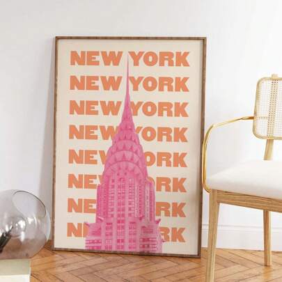 1pc Premium Retro New York Poster Print Decoration Painting, Pink And Orange Empire State Building Print Art Photo, Vintage Aesthetic Dorm Art Vintage Club Party Decor, Glamorous Home Decoration For Bedroom/Living Room/Study/Game Room, Perfect Gift For Her & Stylish Party Decoration ,Unframed Art Print