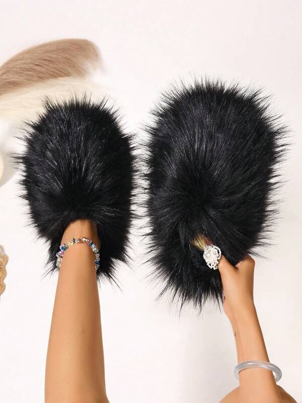 Women's Faux Fur Slippers Solid Color Cute Animal Print, Outdoor Fabric & Faux Fur Mix Design, Suitable For Girls Cute Slippers, Vacation, Party, Home & Outdoor Wear, Spring Autumn Winter