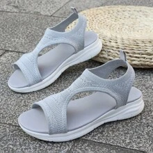 Knitted Sports Sandals, White Thick-Sole Solid Color Bohemian Hollow-Out Casual Ladies Beach Resort Shoes, Summer