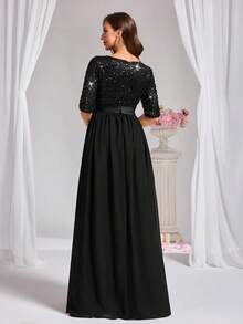 女士亮片时尚礼服黑色薄纱晚会伴娘礼服连衣裙 - 黑色 - 查看 4