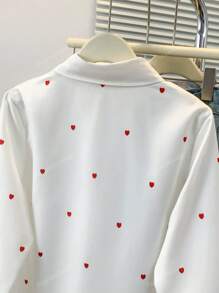 Women's Allover Heart Print Polo Collar Shirt - Oversized Button-Up Front Long Sleeve Top For Casual To Dressy Essentials, Spring Summer Fall All-Season Capsule Wardrobe