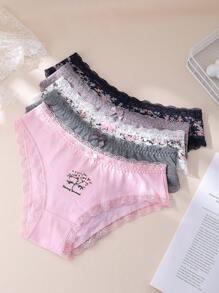 5 Teile Damen Baumwoll Sexy romantische Spitzen bedruckte Unterwäsche Set