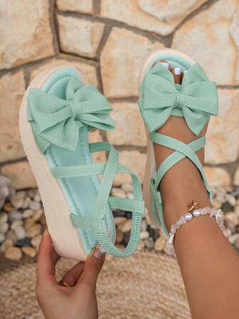 Sandalias con plataforma verde para mujer, con diseño de tiras cruzadas y gran lazo decorativo, de diseño cómodo y fácil de poner, adecuadas para uso casual, playa, vacaciones, con suela gruesa y puntera abierta