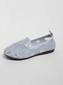 Sapatos Casuais de Denim de Cor Sólida para Mulheres, Sapatos Respiráveis e Antiderrapantes de Bico Redondo, Sapatos Planos Clássicos Vazados para Mulheres, Sapatos Casuais de Cano Baixo com Capuz de Cor Sólida, Sapatos Confortáveis para Mulheres, Sapatos para Uso Externo