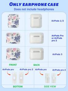 1 件海底世界海龟、海星、珊瑚印花透明耳机盒带挂钩，兼容 Apple 蓝牙耳机（仅盒子，不含耳机）