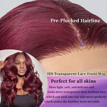 VIOLLY 200 Density 13x4Large Area Transparent Lace Frontal Weaves Human Blended Hair Wig 99J# Burgundy Red Body Wave Brazilian Wig With Baby Wig Pre Plucked Hairline & Pre-Bleached Invisible Knots Cosplay Wigs Suitable For Halloween Or Parties - SBUG - View 8