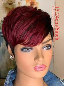6-Inch Vibrant Wine Red Mixed Black Straight Bob Pixie Cut Wig - Heat Resistant, 6-Inch, 150% Density, Fashionable, Realistic, Soft, Breathable, Comfortable, Easy To Style, High-Quality Synthetic Fiber Wig For Women - Red and Black Gradient - View 2