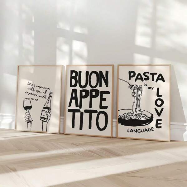 Set di 3 cartellone da cucina con stampe di pasta, opere d'arte divertenti sul cibo, cartellone sul vino, arte retrò, opera d'arte in bianco e nero neutri per pareti, decorazione moderna e minimalista per cucina, sala da pranzo, senza cornice