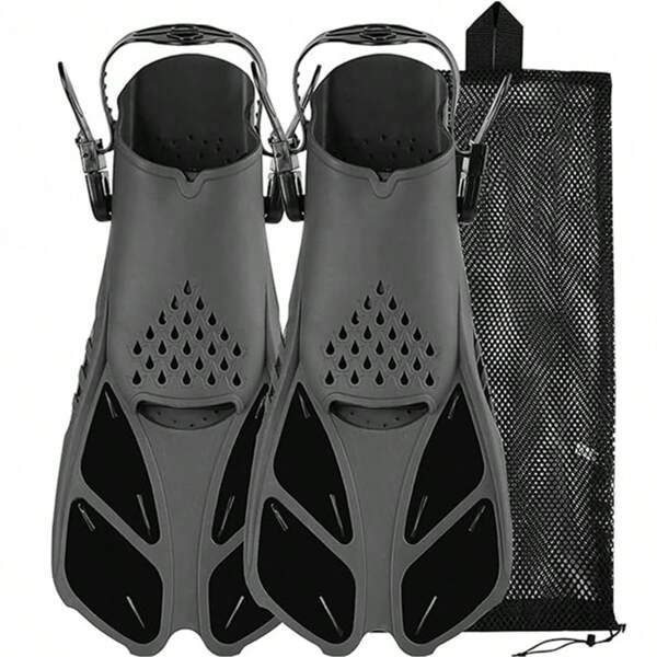 Adjustable Adult Swim Fins With Open Heel Design - Durable Anti-Slip Bottom Suitable For Swimming, Snorkeling And Scuba Diving - Black Perforated Accents, Ergonomic Water Shoes To Enhance Buoyancy And Control, Deep Diving Equipment | Ergonomic Design | Safety Strap Design