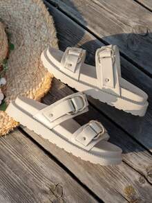 Fashion Women Casual Beige Dual Buckle Outdoor Round Toe Slide Sandals, Comfortable Flat Beach Slippers