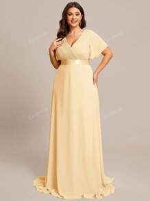 EVER-PRETTY Plus Size Elegant V Neck Ruched Bust Bridesmaid Dress Butter Yellow Formal Dresses For Summer Graduation Party
