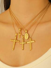 1 pièce Collier mode rétro en acier inoxydable croix, pendentif ovale creux avec chaîne en arête de poisson, convient pour un port quotidien, pour les fêtes et les festivals