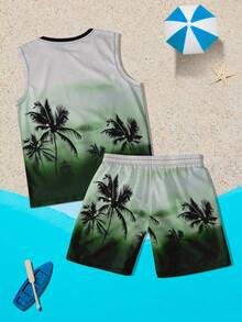 男士度假休闲棕榈树印花无袖背心套装 - 彩色 - 查看 2