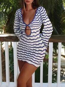 Women Fashion Long Sleeve Striped Contrast Color Knit Coverup Beach Dress, Vacation Style