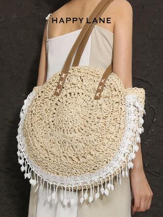 HAPPY LANE Leaf Tassel Hollow Out Round Straw Bag, Bohemian Ladies Woven Shoulder Bag, Girls Handmade Large Capacity Tote Bag, Suitable For Summer, Vacation, Holiday, School Use. Classic Casual Style, Portable And Practical, Suitable For Teenagers, Women, College Students, White-Collar Workers, Applicable For Work, Back To School, Middle School, High School, University, Vacation And Other Occasions.