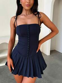 Women Corset Mini Pleated Dress Y2K Sleeveless Tie Shoulder Slim Fit A-Line Short Sundress White Graduation Dress - 藏蓝色 - 查看 2
