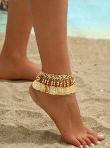 1 pieza Tobillera vintage con monedas y cuentas de estilo bohemio exagerado para mujer, apta para usar en la playa y vacaciones