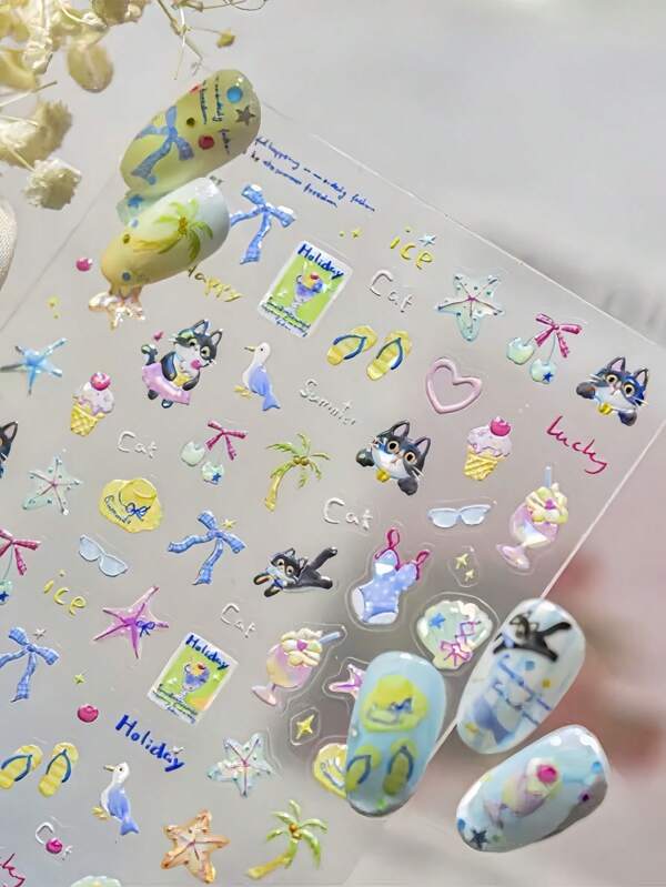 1pc Summer Cat, Shell, Starfish, Watermelon, Crab, Strawberry Juice 3D Decorative Nail Sticker For DIY Nail Art