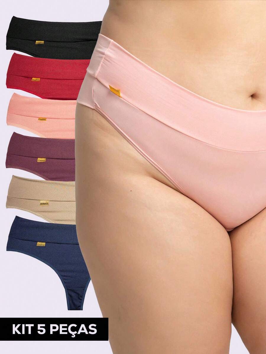 Kit 5 Calcinhas Plus Size Cintural Alta Fio Duplo Tanga Sexy Microfibra Dyeu - Multicolorido - Visão 1
